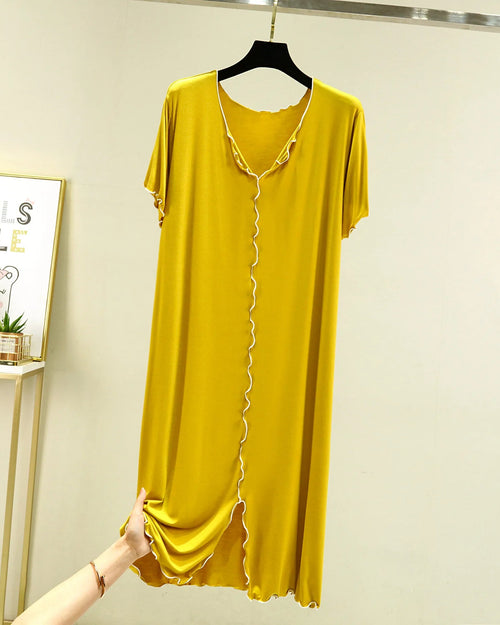 Modal and polyester knit V-neck short-sleeve sleep dress. Soft, lightweight & breathable mid-calf fit for summer loungewear, sizes L–XXL.