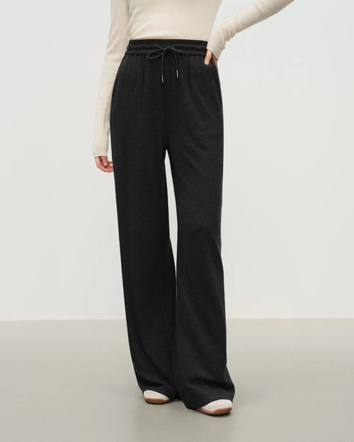 Women's dark grey high-waist wide-leg knit pants, featuring soft viscose-cotton blend and medium stretch for autumn sports-leisure or winter casual wear.