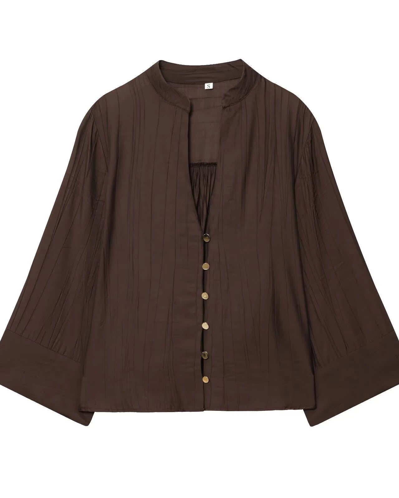 Women's Loose V-neck long-sleeve shirt crafted from lightweight polyester blended woven fabric, featuring a relaxed silhouette and single-button front that delivers poised elegance for office meetings or weekend outings.