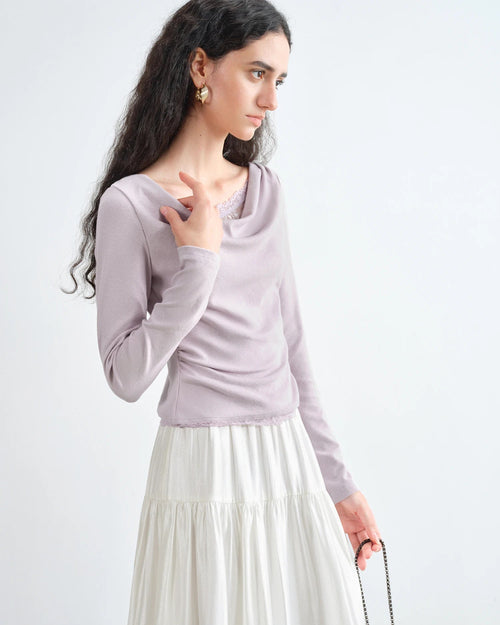 Lace-Trimmed Asymmetrical Neckline Knit T-Shirt