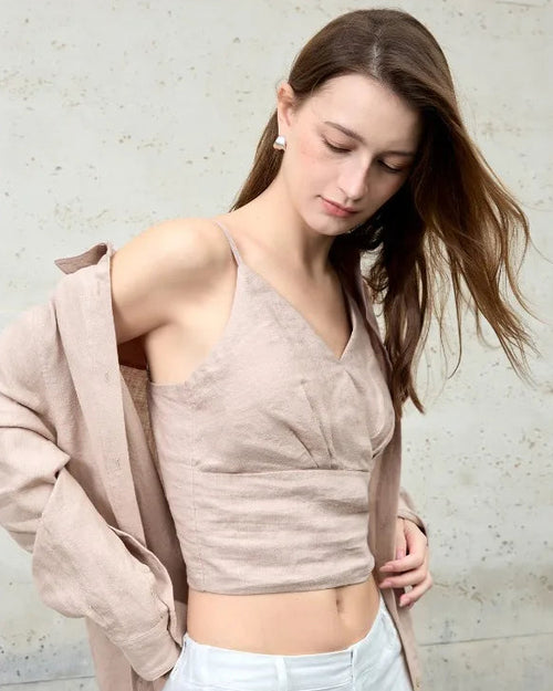 Linen V-Neck Spaghetti Strap Cropped Vest