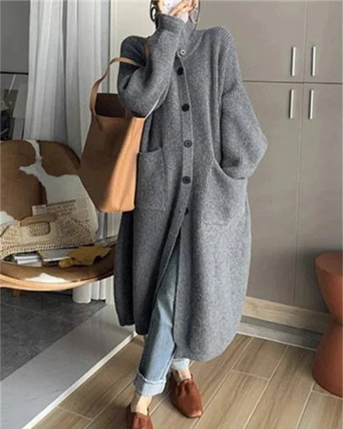 Oversized High-Neck Long Cardigan With Pocket