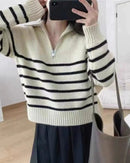 Half Zipper Striped Pure Cashmere Pullover