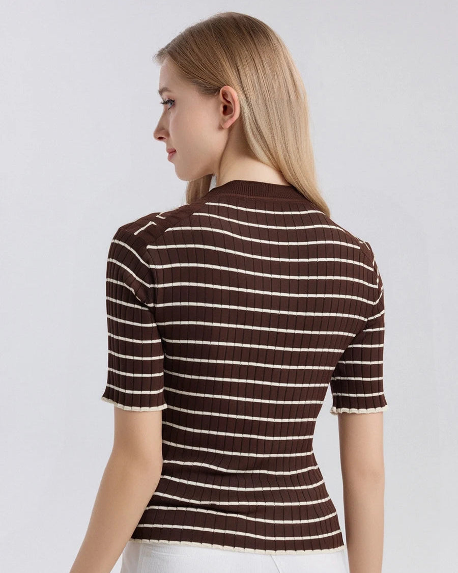 Silk-Cotton Striped Short-Sleeve Round-Neck Tee