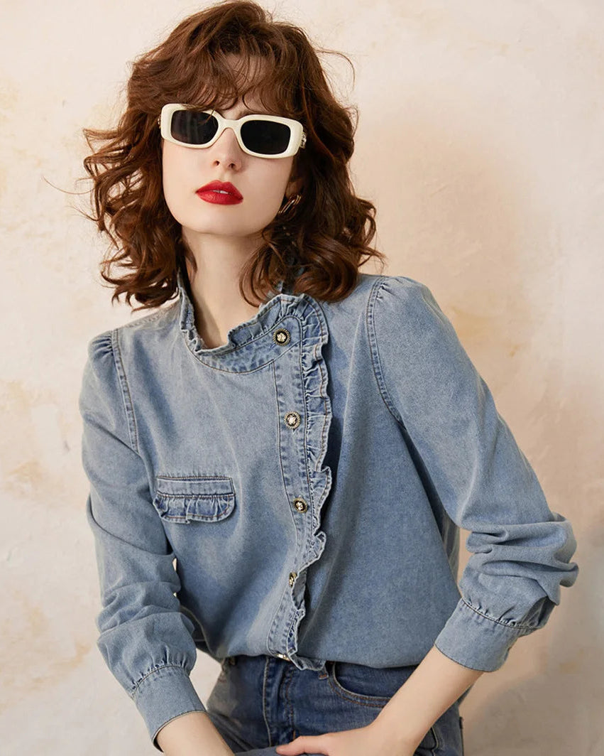 Elegant cotton blend ruffled stand-up collar denim shirt with an oblique placket and long sleeves, perfect for polished spring autumn office wear or casual elegant everyday styling.