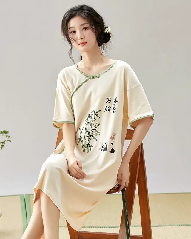 Vintage Print Short Sleeve Cotton Sleep Dress