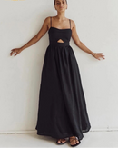 Cotton Slash-Neck Hollow-Out Sleeveless Maxi Dress