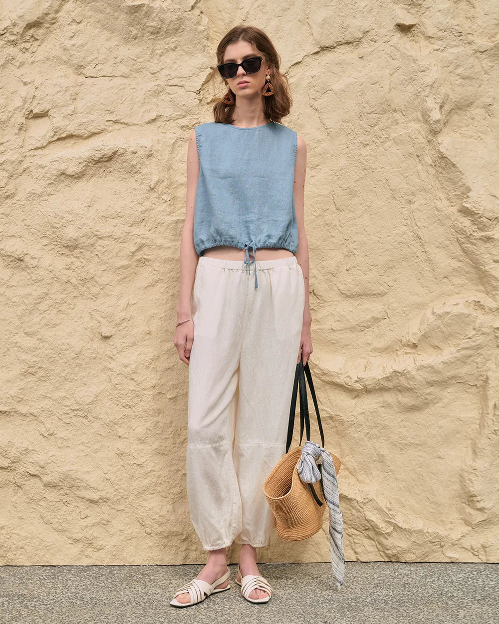 Linen Drawstring Crew Neck Cropped Vest
