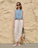 Linen Drawstring Crew Neck Cropped Vest