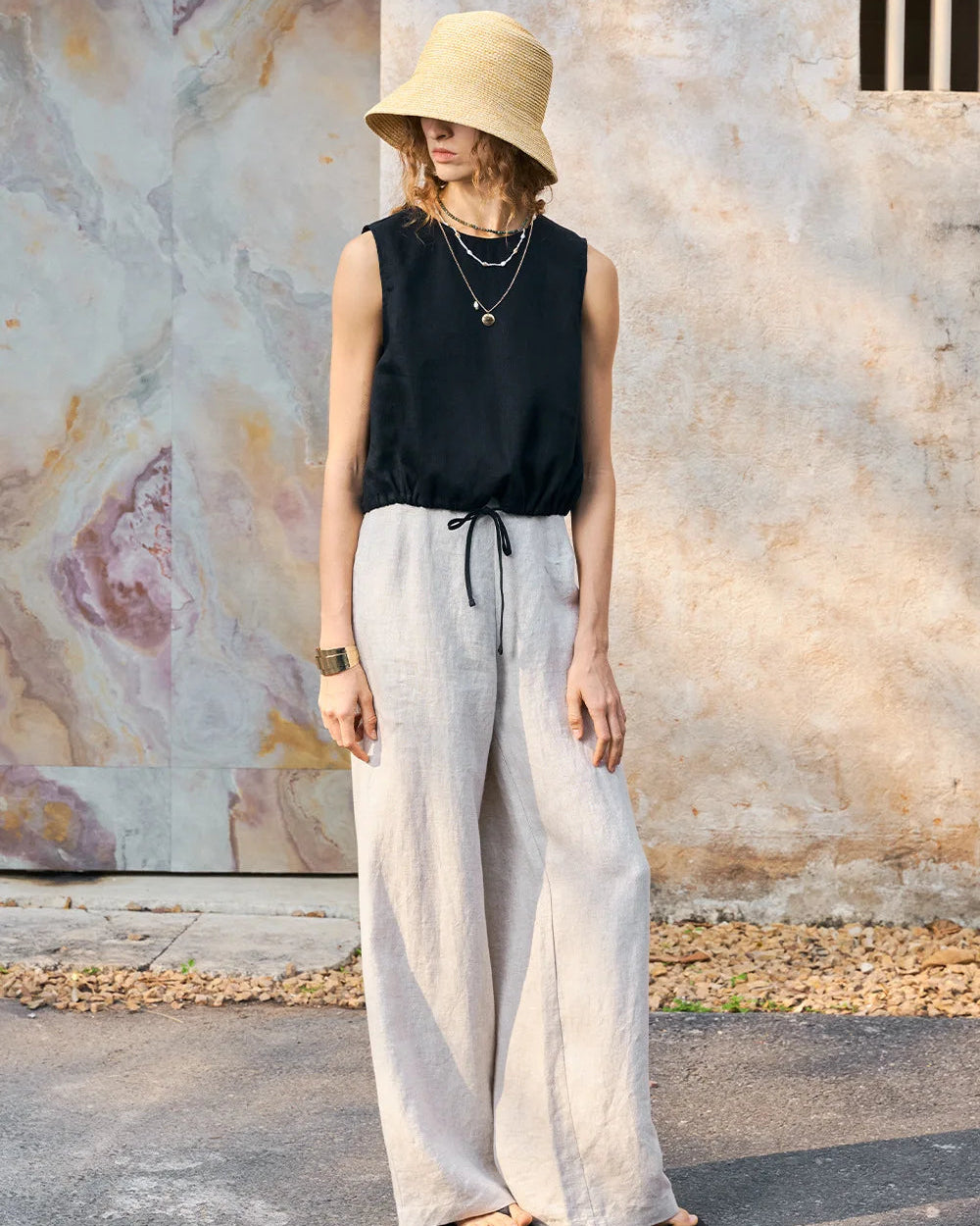 Linen Drawstring Crew Neck Cropped Vest