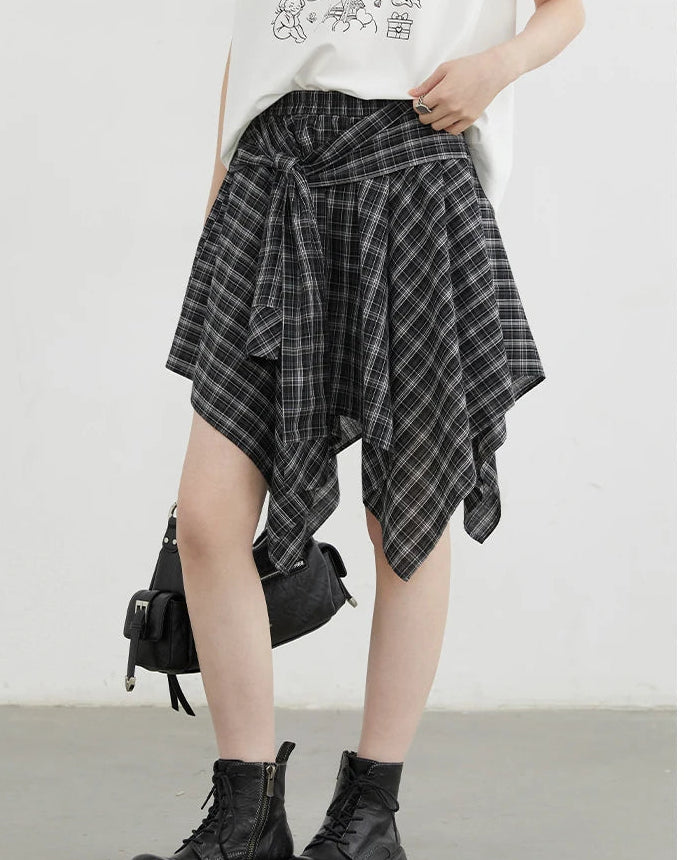 Plaid Asymmetric A-Line Cotton Midi Skirt