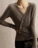 Designers' V-neck Wool Sweater with Asymmetrical Buttons