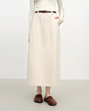 Women's ankle-length knit cotton straight skirt in beige, relaxed fit, perfect for autumn winter everyday styling.