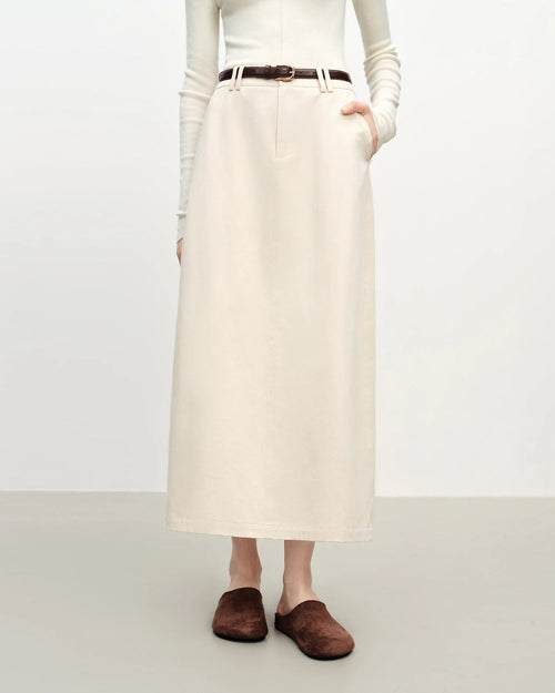 Women's ankle-length knit cotton straight skirt in beige, relaxed fit, perfect for autumn winter everyday styling.