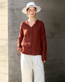 Ramie V-Neck Button-Down Shirt