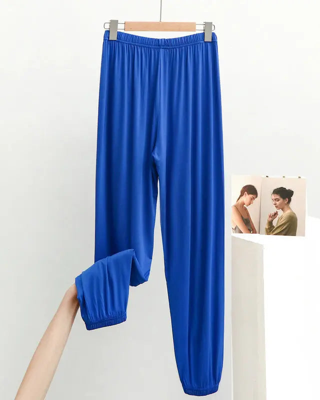 Women's Silky modal elastic waist lounge pants featuring a relaxed full-length cut, soft knit fabric, and gentle stretch, perfect for breathable indoor comfort and cool summer loungewear.