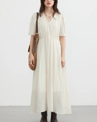 Retro V-Neck Puff Sleeve Loose Dress