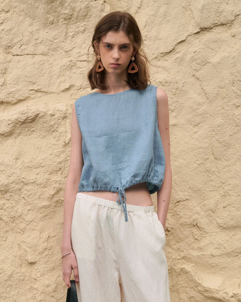 Linen Drawstring Crew Neck Cropped Vest