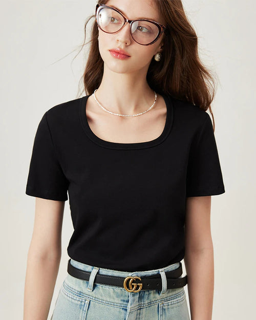 Soft Stretchy Square-Neck Knit T-Shirt
