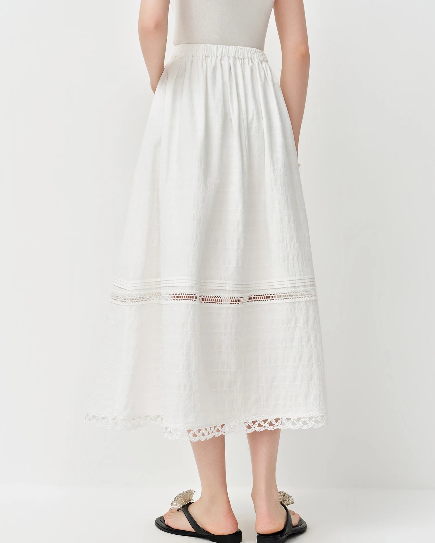 Cotton Lace-Trimmed A-Line Midi Skirt