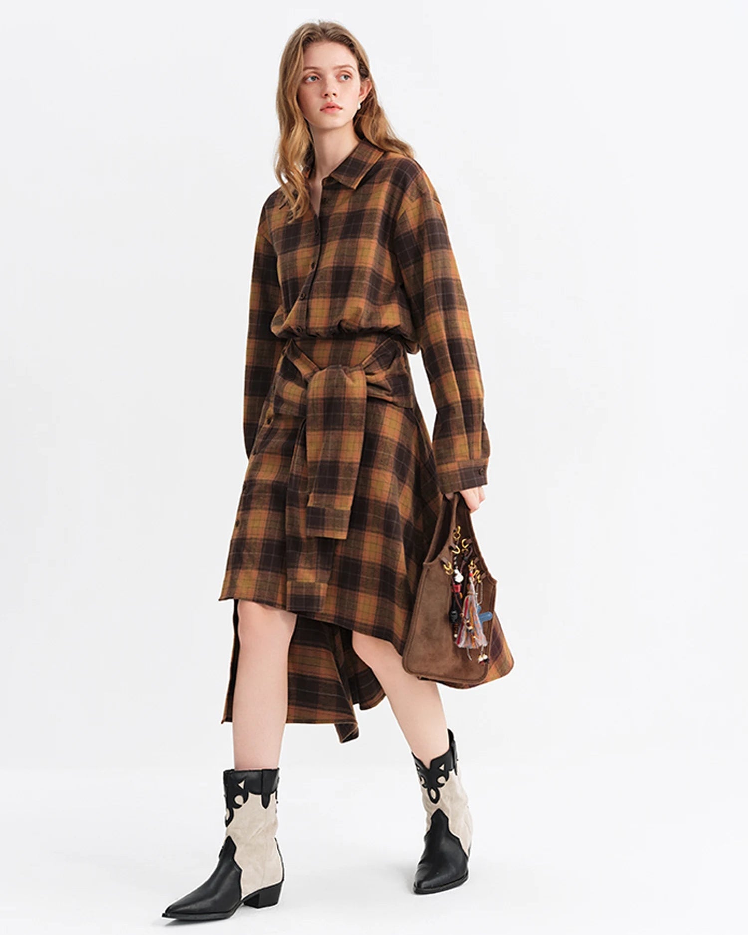 Brushed Plaid Asymmetric Hem Shirt Dress