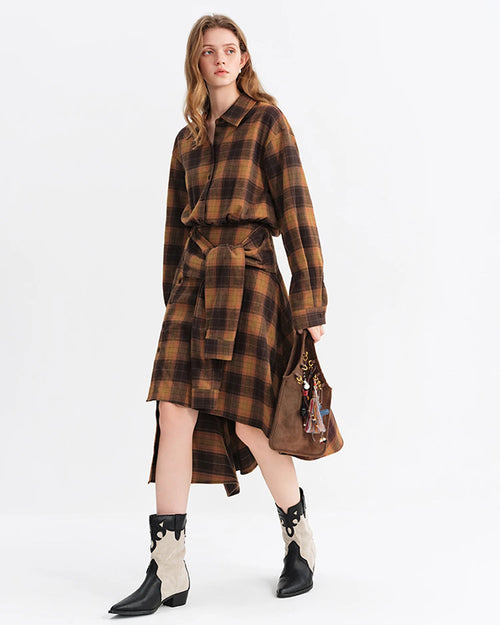 Brushed Plaid Asymmetric Hem Shirt Dress