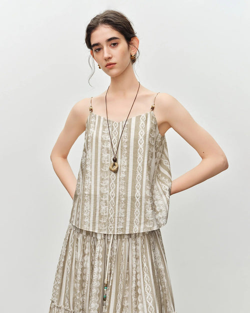 Women's apricot printed sleeveless vest, featuring a breathable viscose-lyocell blend and paisley print for effortless bohemian resort charm or beach mornings.