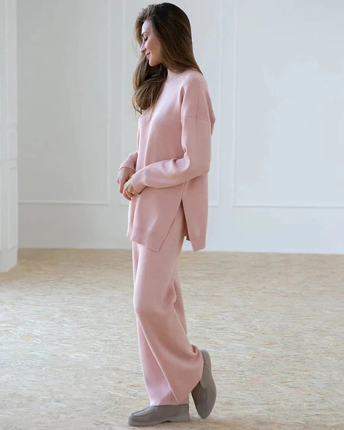 Half Turtleneck Sweater & Wide Leg Pants Knitted Set