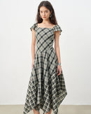 Women's black square neck plaid A-line midi dress, featuring breathable viscose blend and short sleeves for spring-summer brunch or city to resort elegance.
