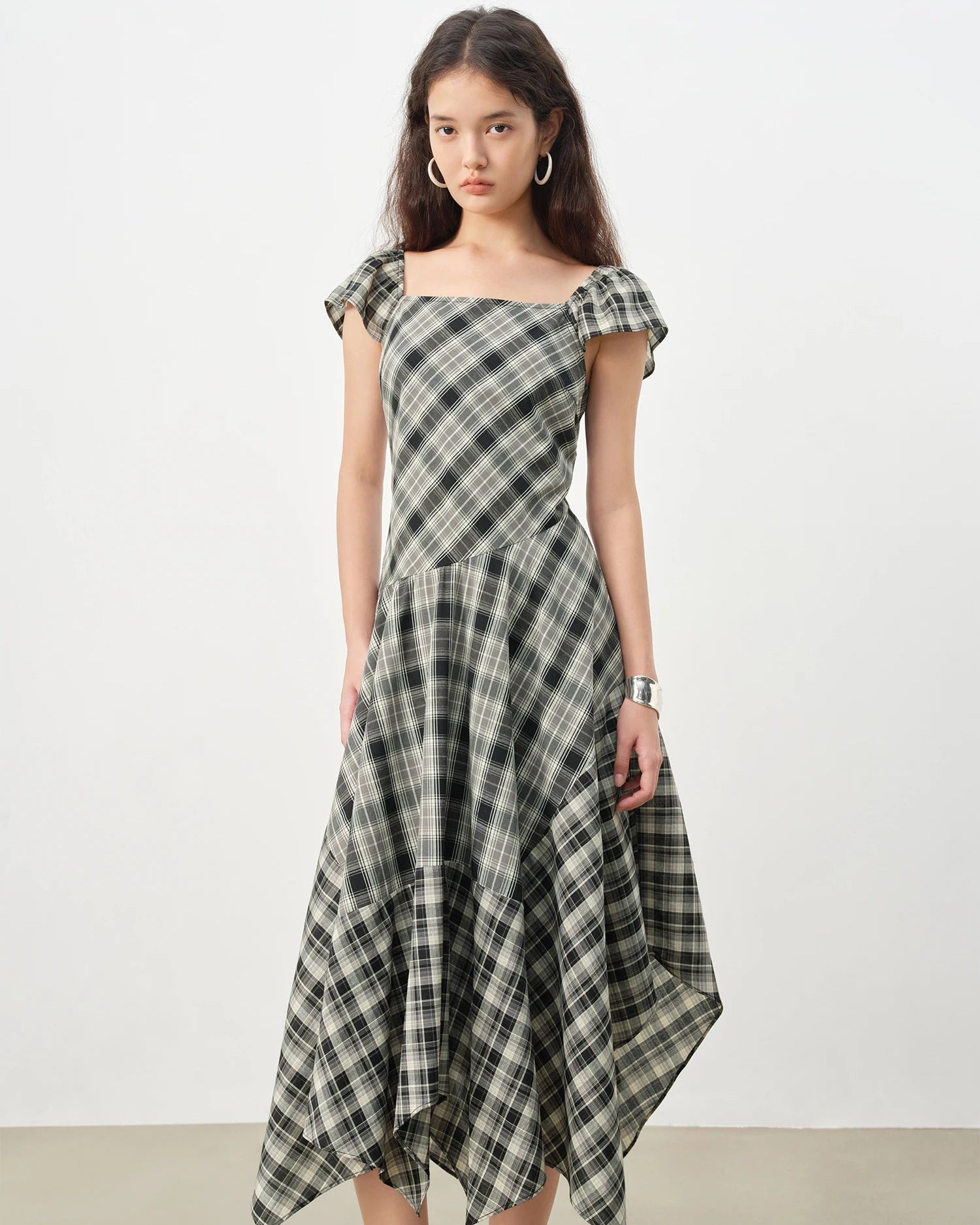Women's black square neck plaid A-line midi dress, featuring breathable viscose blend and short sleeves for spring-summer brunch or city to resort elegance.
