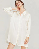 19mm 100% mulberry silk turn-down collar long sleeve shirt. Heavier weight, richer drape in Ivory & Light Green, sizes M–XL.