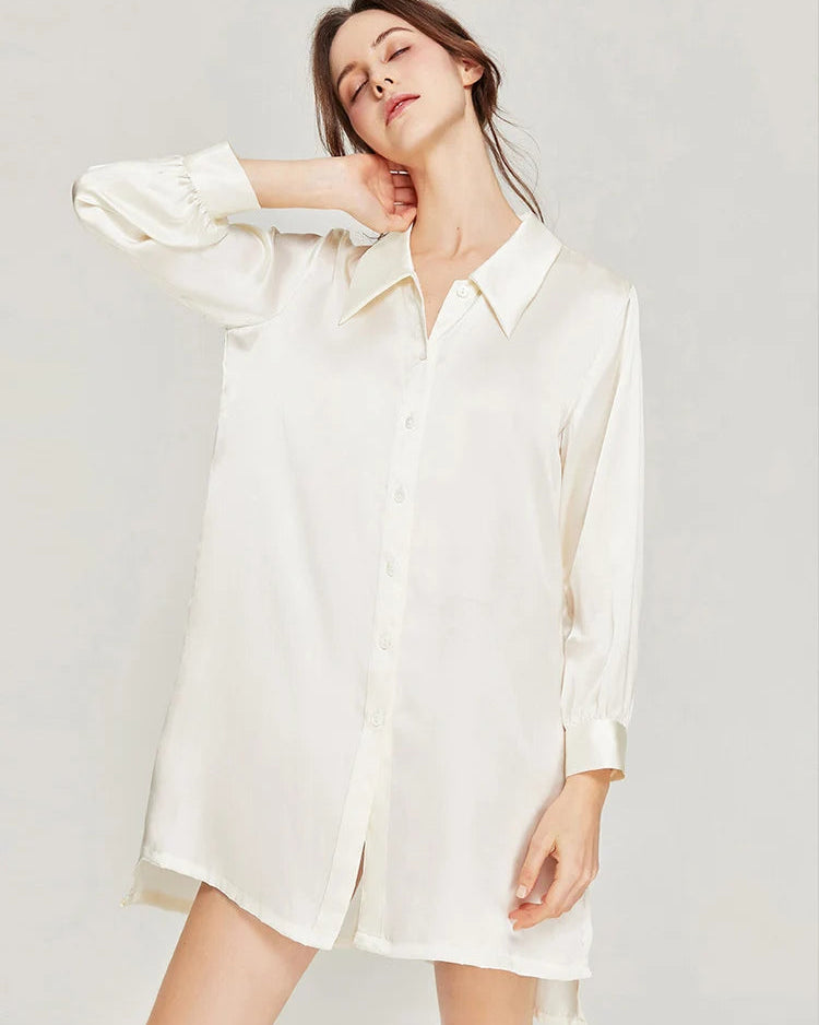 19mm 100% mulberry silk turn-down collar long sleeve shirt. Heavier weight, richer drape in Ivory & Light Green, sizes M–XL.