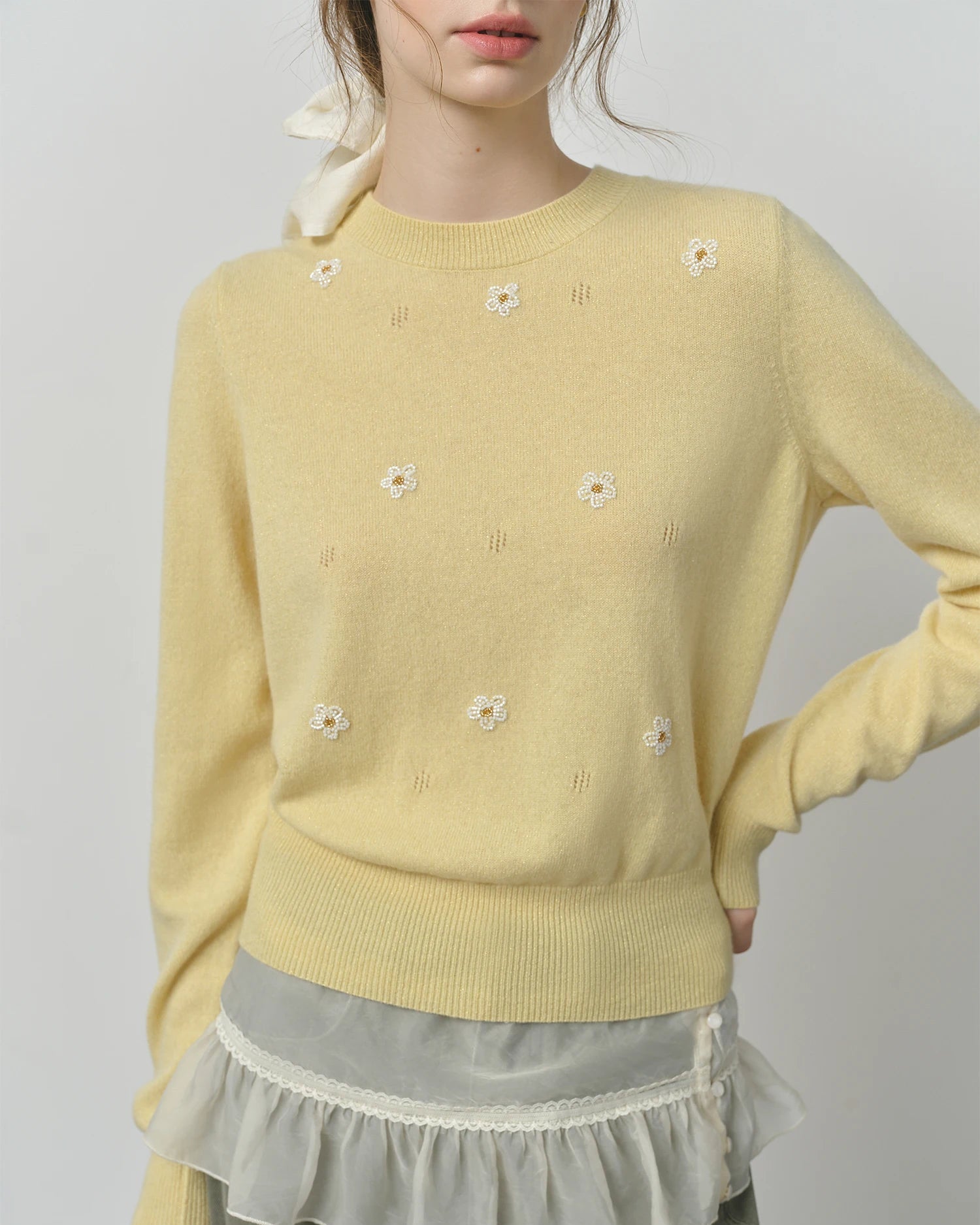 Beaded Floral Knit Pullover Sweater
