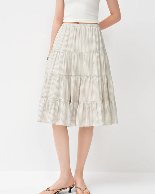Shop LouNap's striped A-line midi skirt — ruffle hem, elastic waist, breathable viscose knit.