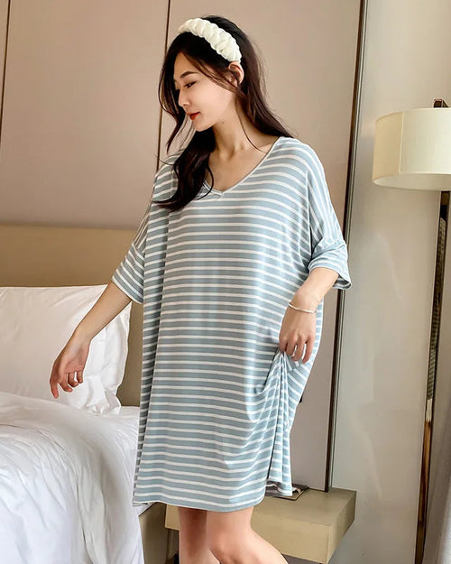 Modal Stripe Short Sleeve V-Neck Sleep Dress