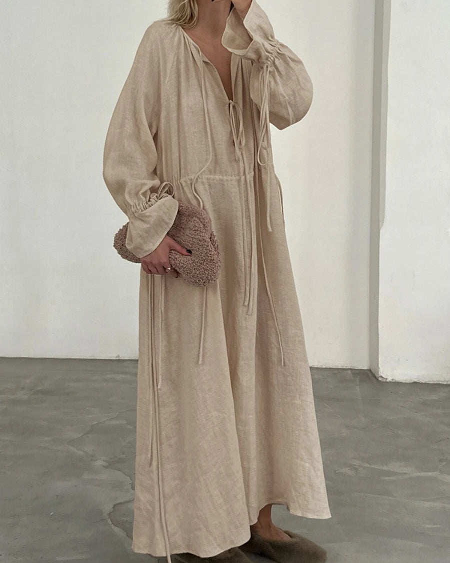 Cotton Lace-Up Flare Sleeve Maxi Dress