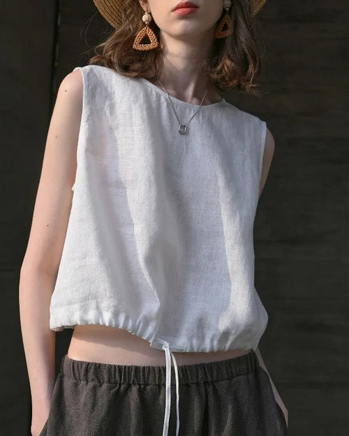 Linen Drawstring Crew Neck Cropped Vest