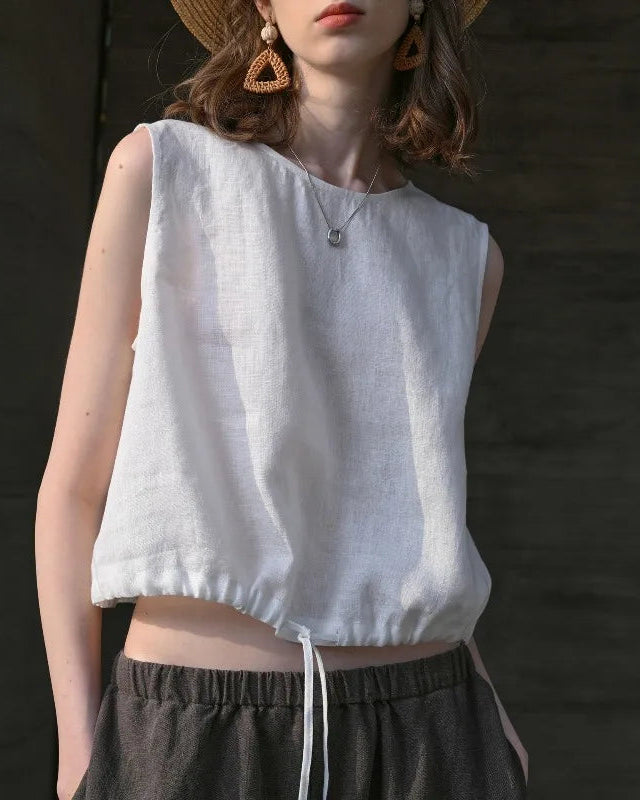 Linen Drawstring Crew Neck Cropped Vest