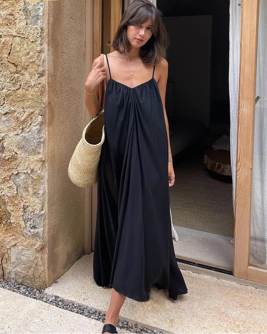 Rayon Spaghetti-Strap Backless Maxi Dress