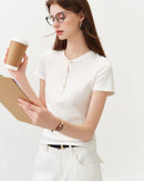 Cotton Lyocell Button-Trim Fitted Tee