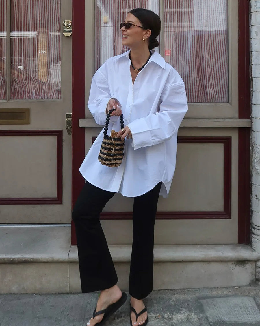 Cotton Minimalist Lapel Long-Sleeve Shirt