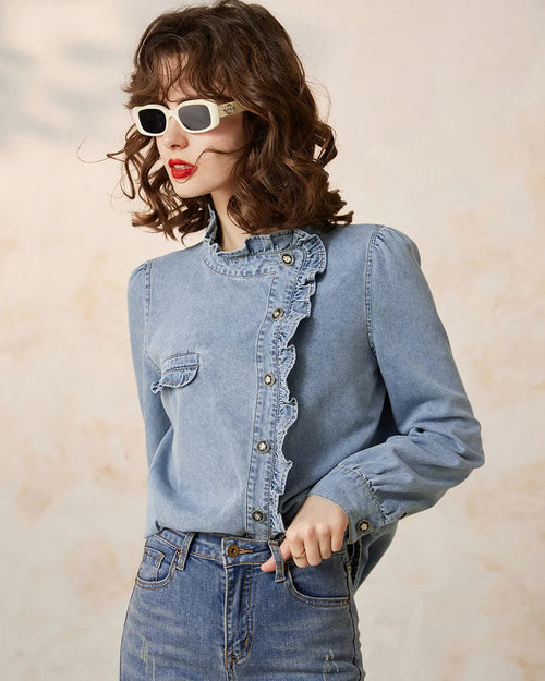 Ruffled Stand-Up Collar Denim Shirt
