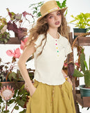 Ruffled Sleeve Short Button T-Shirt