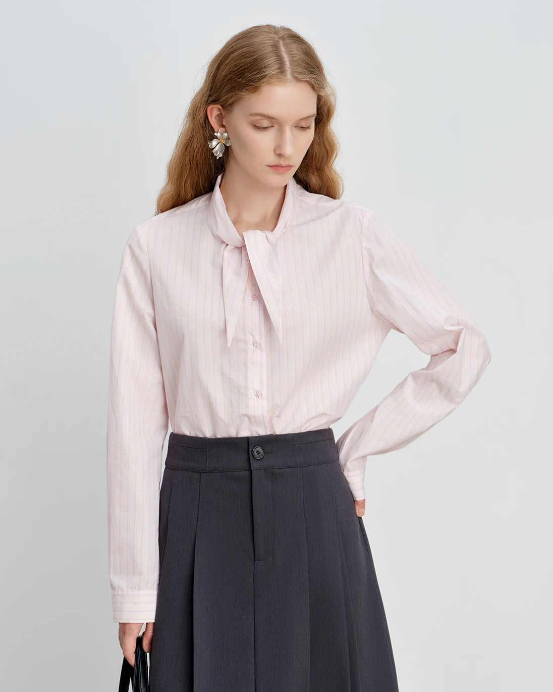 Striped Cotton Bunny-Tie Collar Shirt