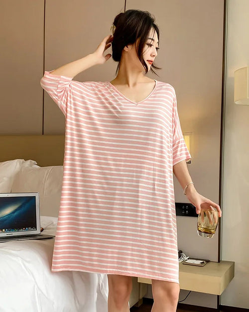 Modal Stripe Short Sleeve V-Neck Sleep Dress