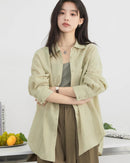 Lightweight viscose-nylon-linen blend loose-fitting long-sleeved shirt with open back, featuring a turn-down collar and clean drape, perfect for polished office wear or spring summer casual outfits.