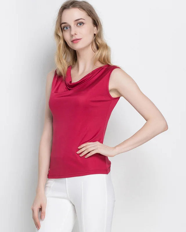 Silk-Viscose Draped Collar Sleeveless Tank Top