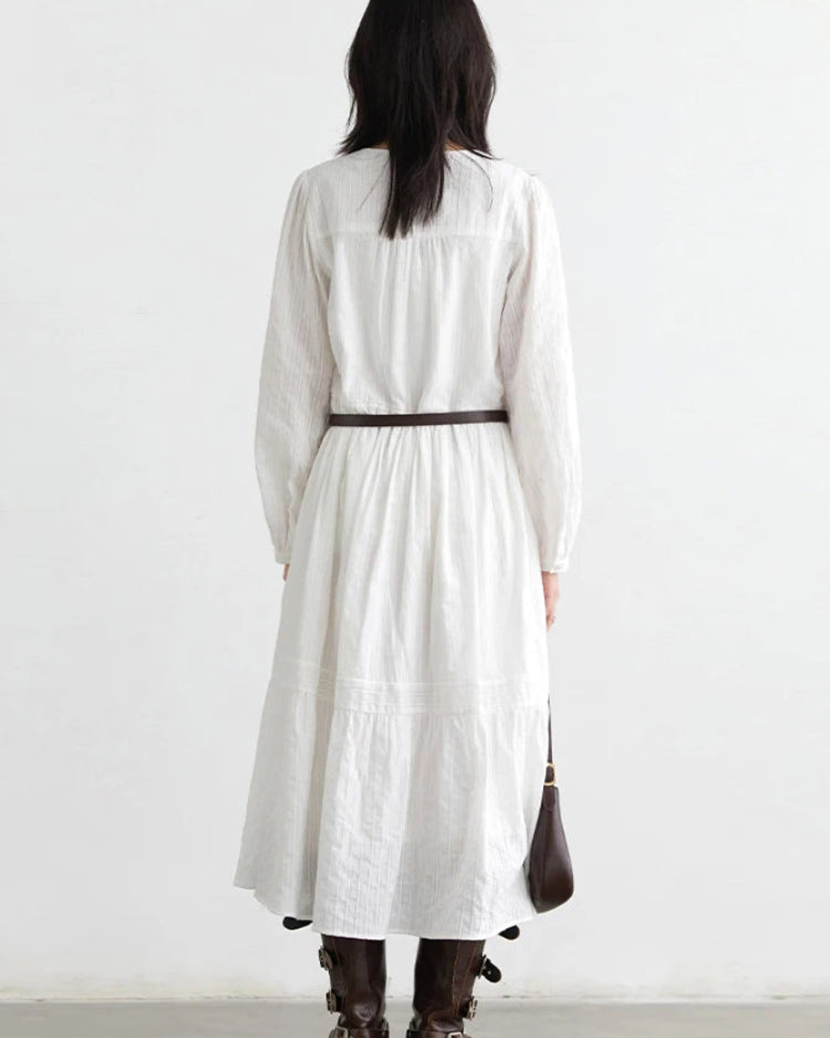 Striped Lantern Sleeve A-Line Midi Dress