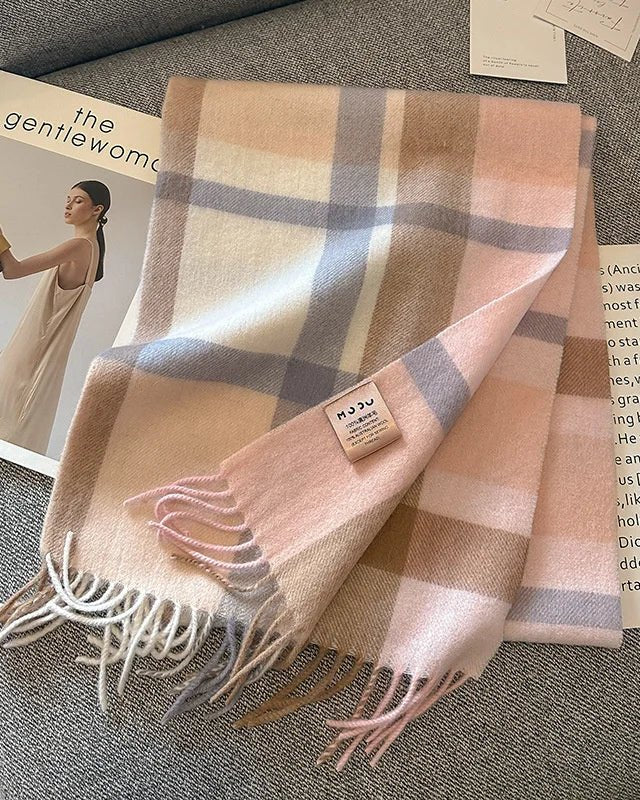 Checked 100% Wool Scarf With Fringed