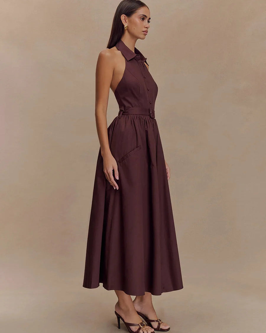Sleeveless Turn-Down Collar Belted Maxi Dress